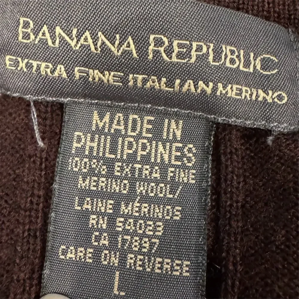 Banana Republic Merino Wool Sweater L Chocolate Brown VNeck Ribbed Academia READ